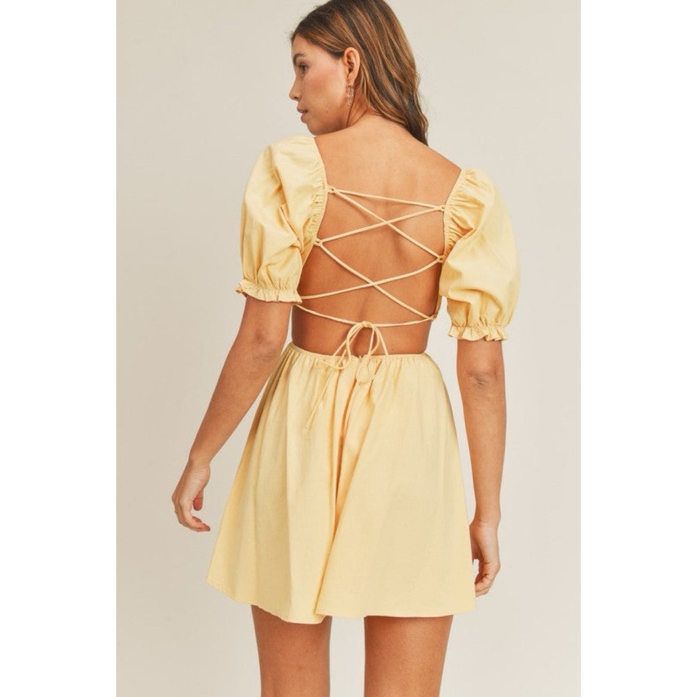 Mable Yellow Strappy Open Back Puff Sleeve Mini Dress - Picture 2 of 12